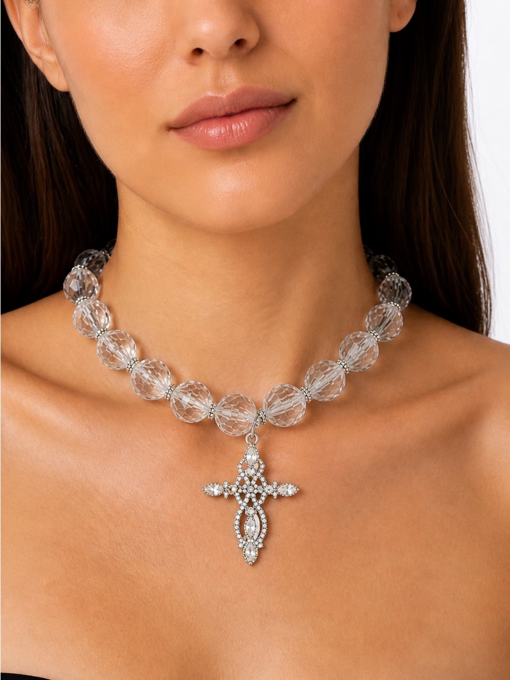 Anne Klein Clear Crystal Bead Choker with Rhinestone Cross Pendant